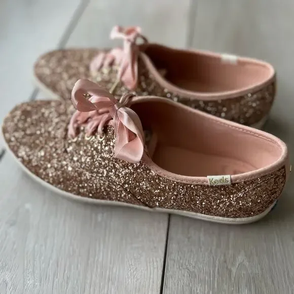 Kate Spade Keds Glitter Sparkle Rose Gold Ribbon Lace Sneakers size 8.5 - Picture 3 of 7